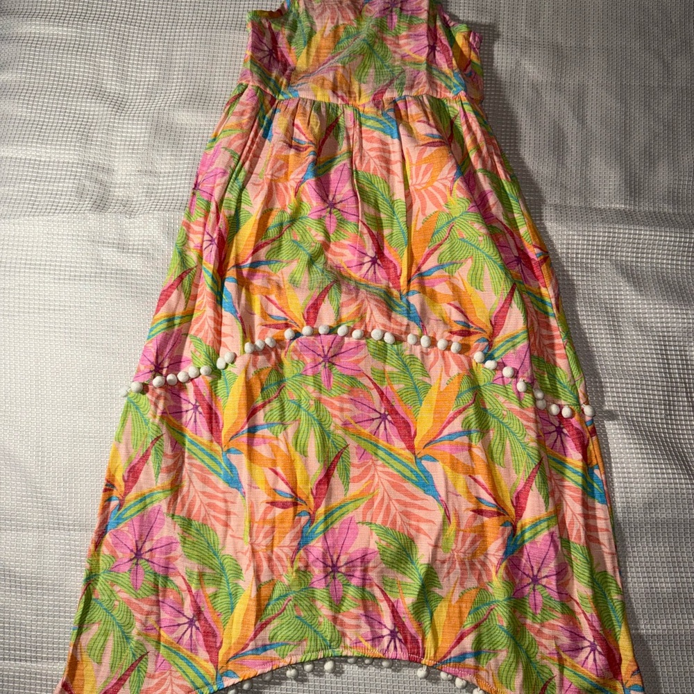 Forever Me Tropical Leaf Print Kids Dress with Pom-Pom Trim